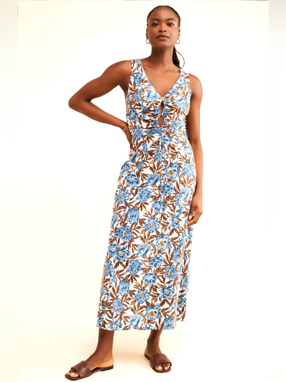 Anthropologie Madewell Tessa Blue Floral V-Neck Cotton Midi Dress size 12
